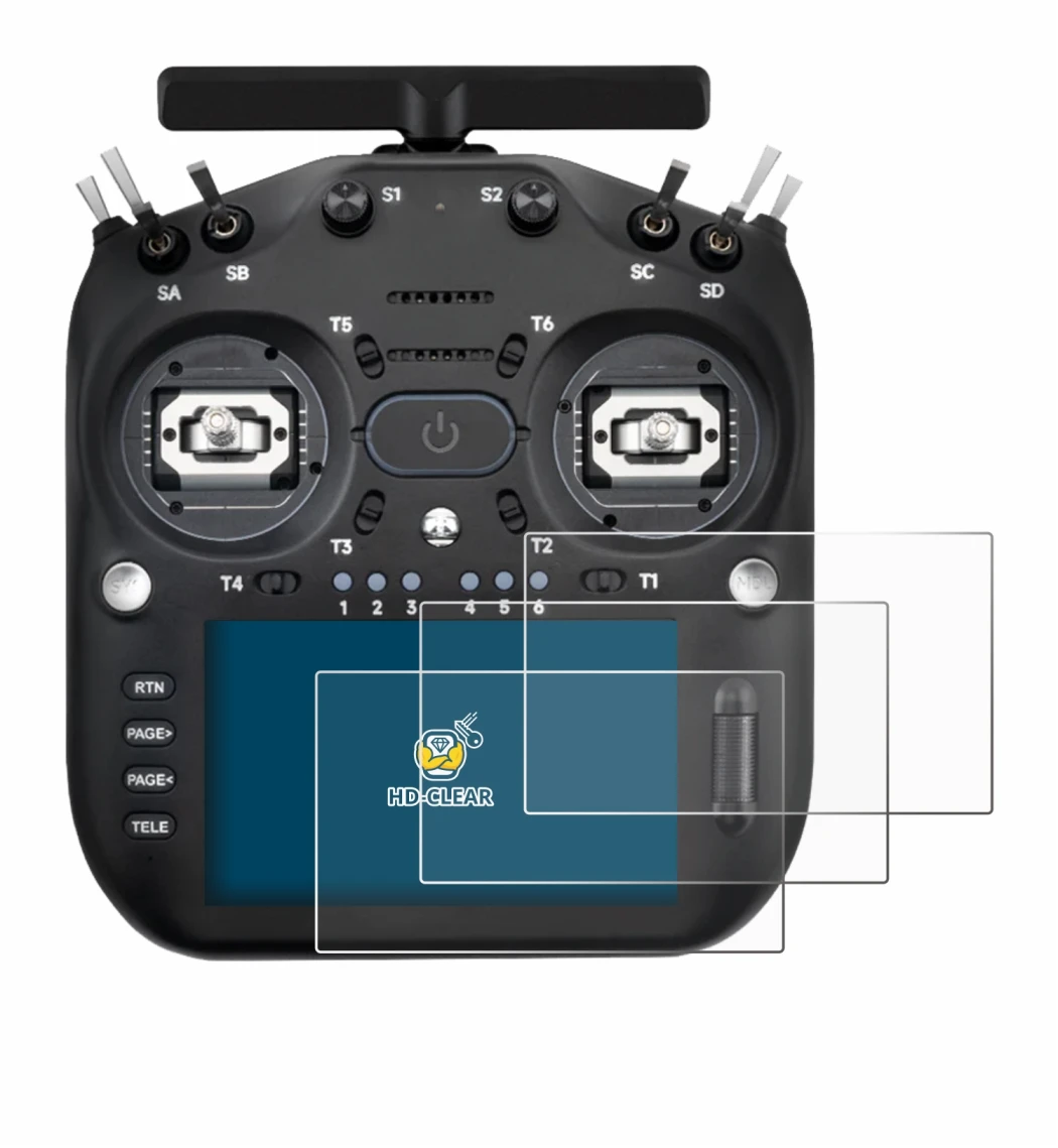 Image of the device Radiomaster TX16S MK3 with a wide variety of screen protectors.