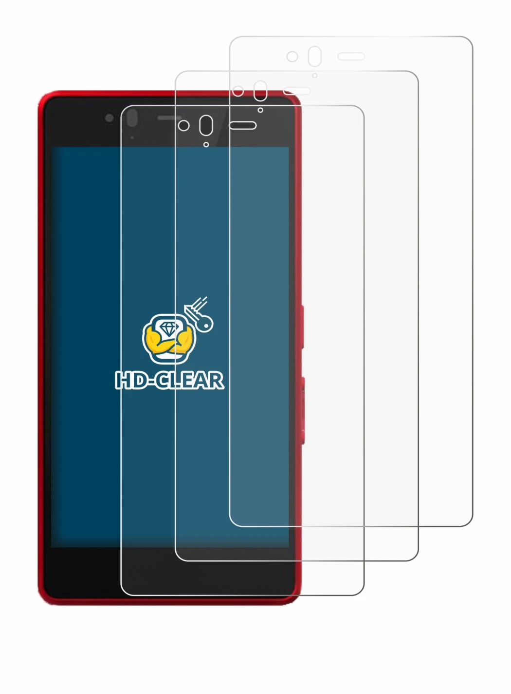 Image of the device Fujitsu Arrows M04 with a wide variety of screen protectors.