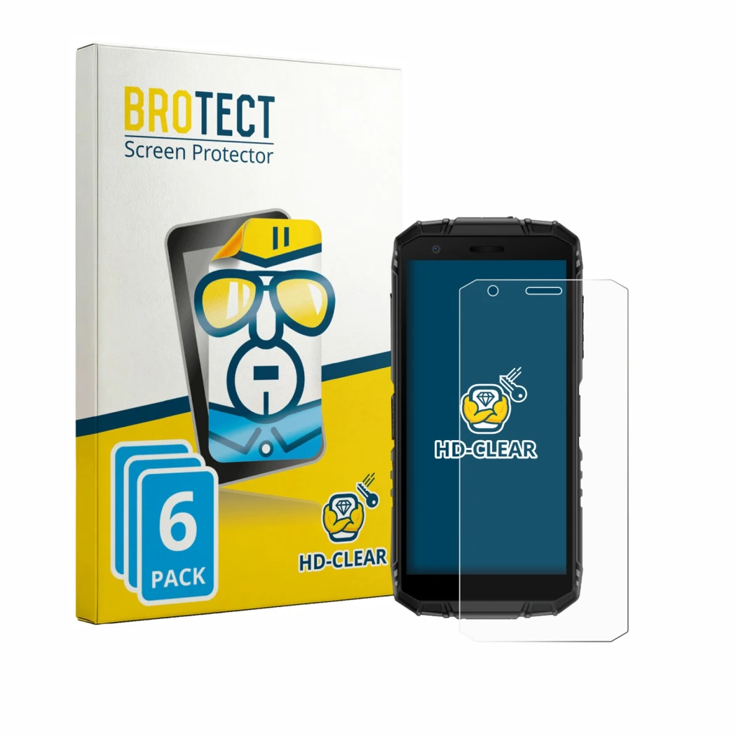 Front side of a product packaging with the brand logo BROTECT. Next to it is the device Doogee Fire 3 shown with the correspon