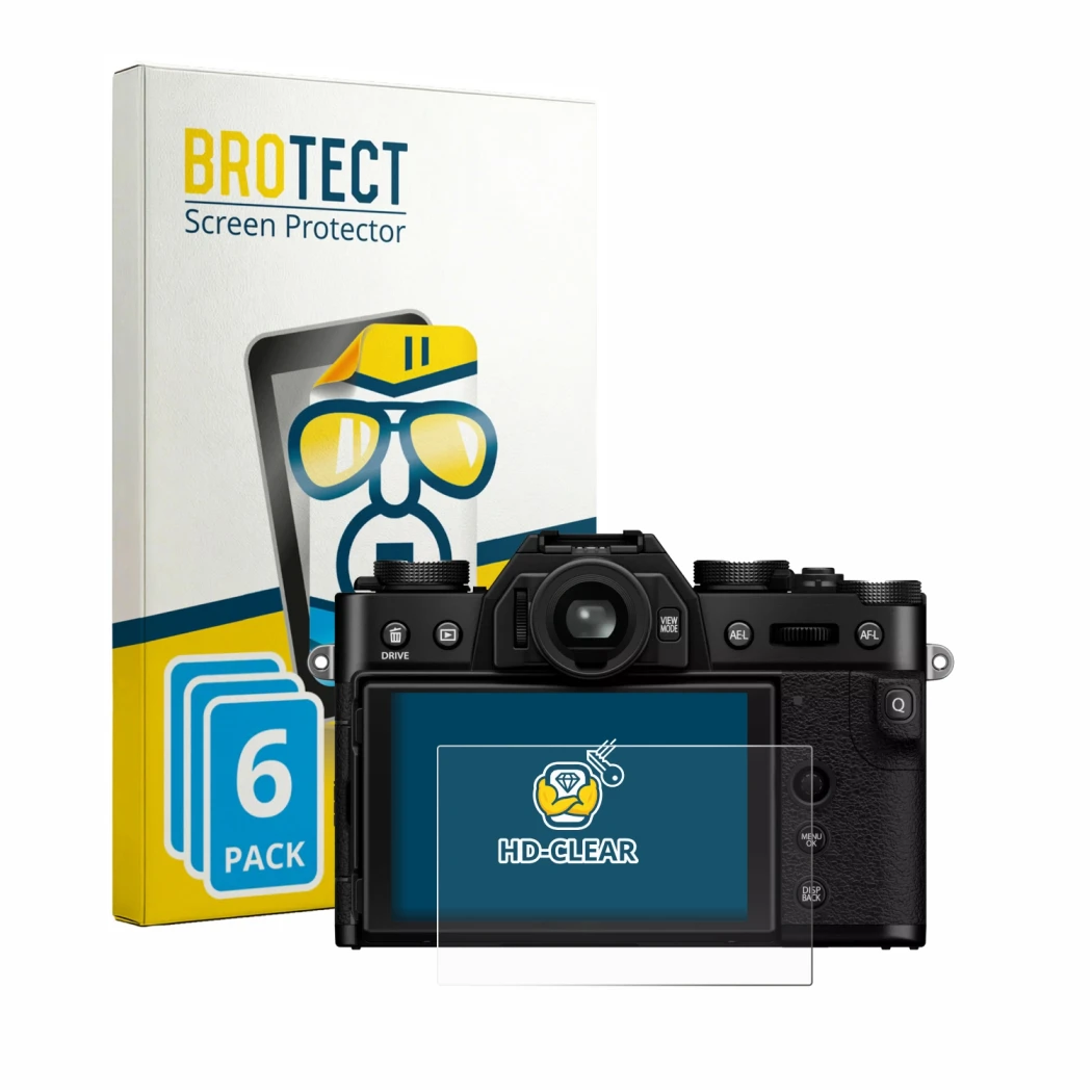 Front side of a product packaging with the brand logo BROTECT. Next to it is the device Fujifilm X-T30 III shown with the corr