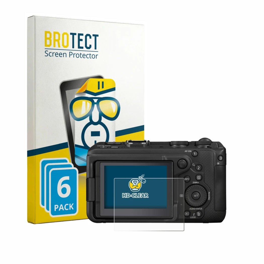 Front side of a product packaging with the brand logo BROTECT. Next to it is the device Canon EOS R6 V shown with the correspo