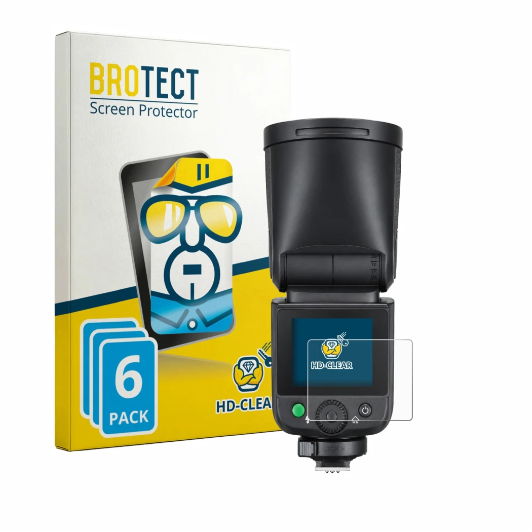 Front side of a product packaging with the brand logo BROTECT. Next to it is the device Godox V1 mid shown with the correspond