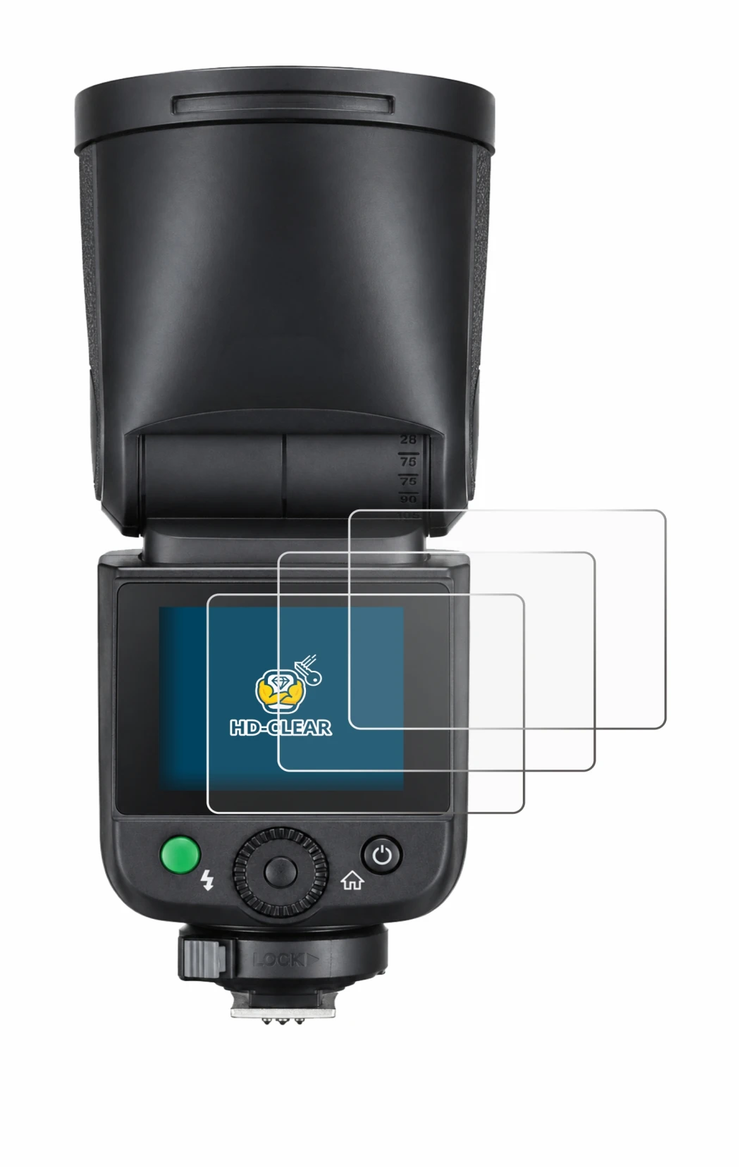 Image of the device Godox V1 mid with a wide variety of screen protectors.