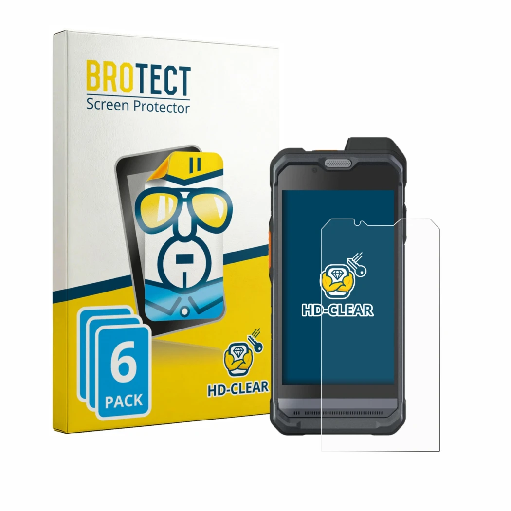 Front side of a product packaging with the brand logo BROTECT. Next to it is the device Hytera PNC460 shown with the correspon