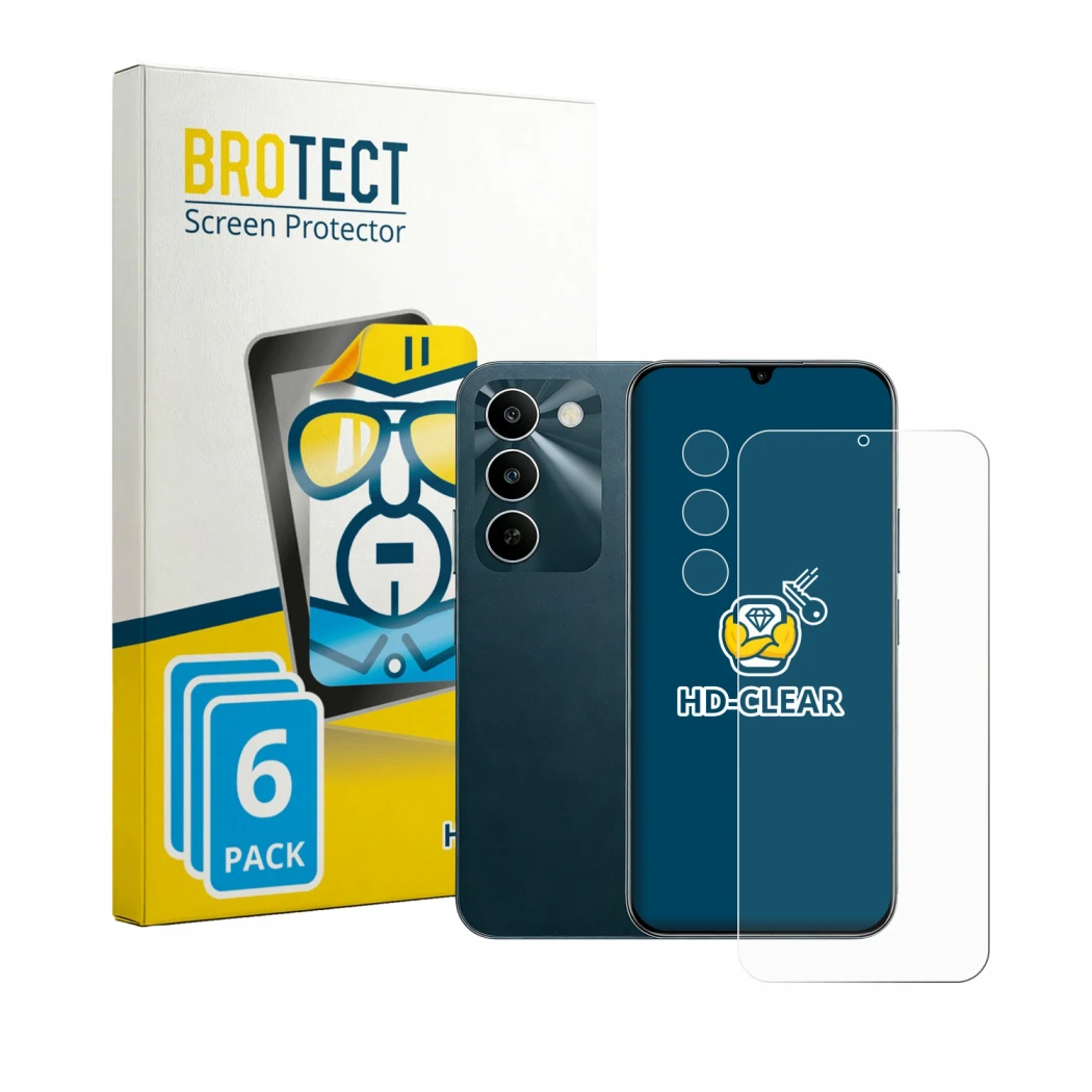 Front side of a product packaging with the brand logo BROTECT. Next to it is the device realme C100 5G (Front+Camera) shown wi