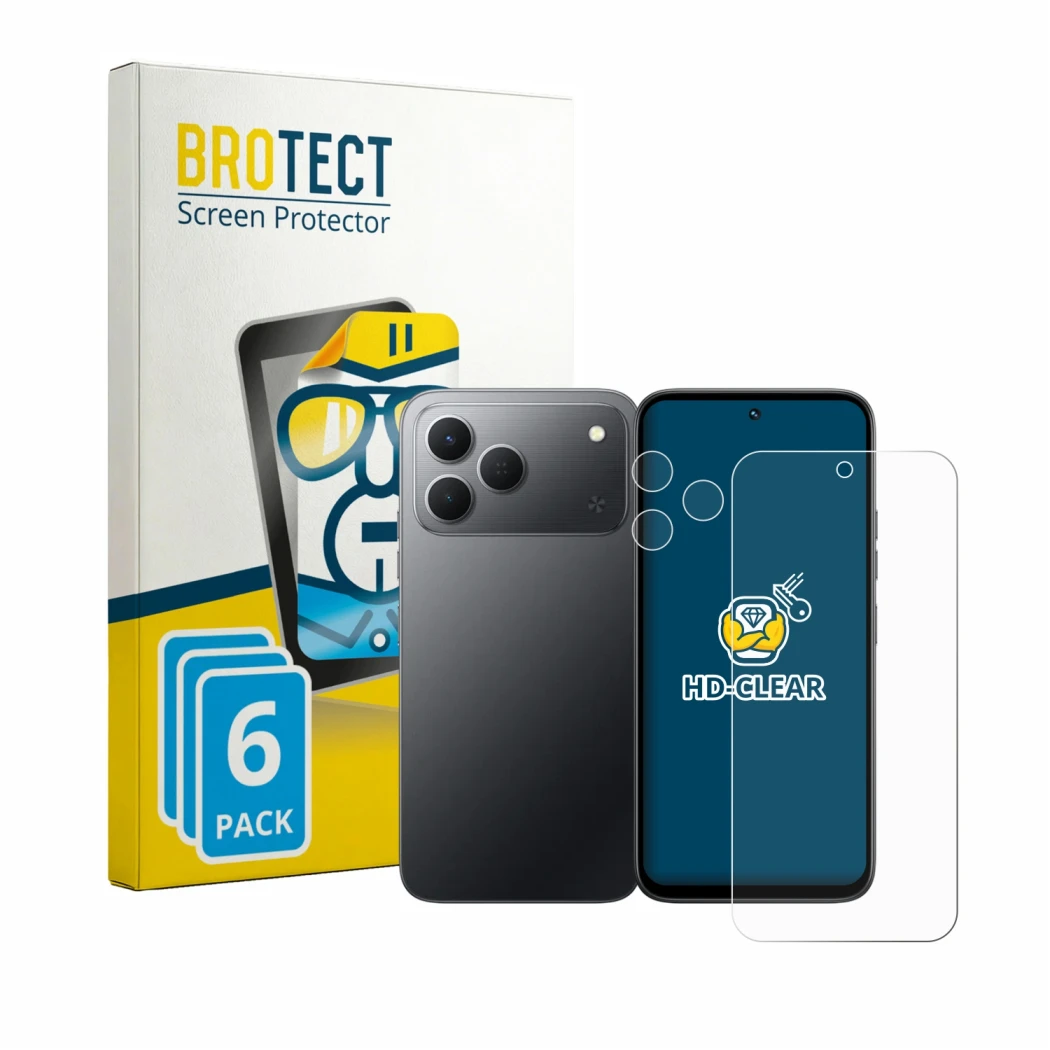 Front side of a product packaging with the brand logo BROTECT. Next to it is the device Tecno Spark 50 4G (Front+Camera) shown