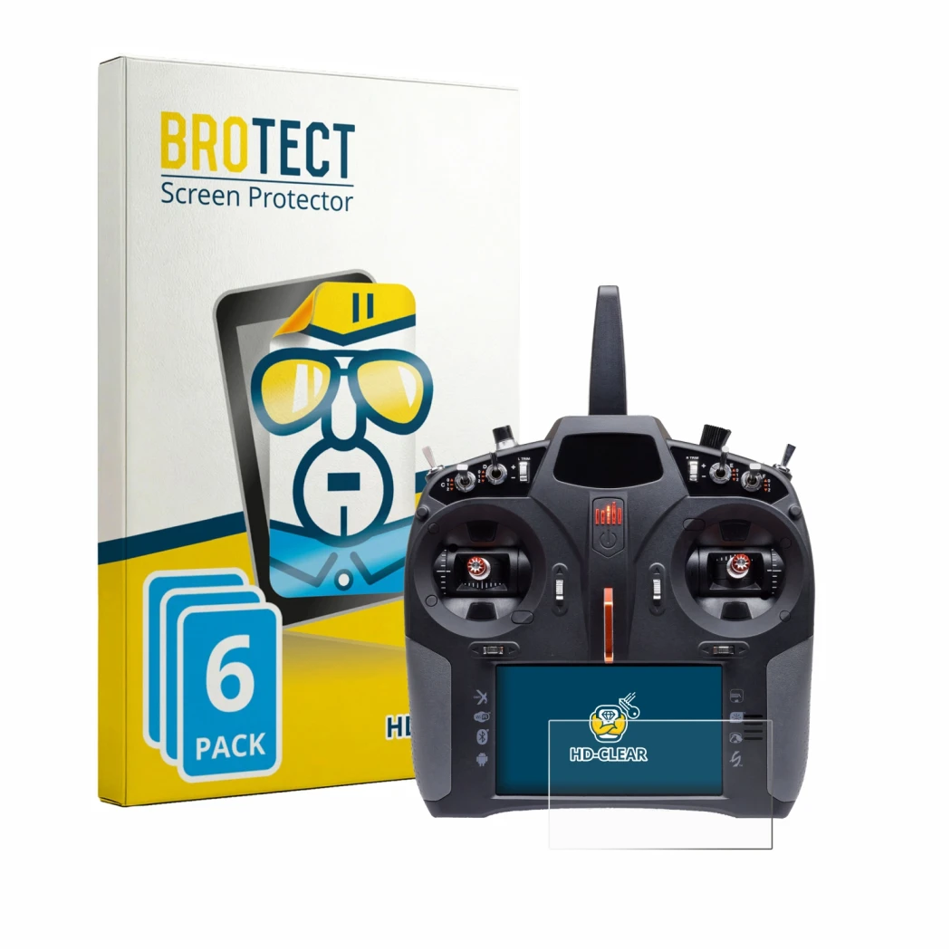 Front side of a product packaging with the brand logo BROTECT. Next to it is the device Spektrum iX14 Plus shown with the corr