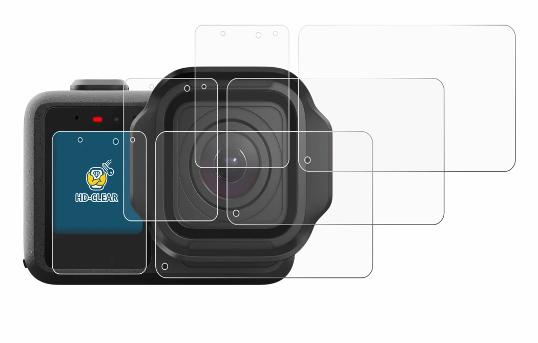 Image of the device GoPro Mission 1 with a wide variety of screen protectors.