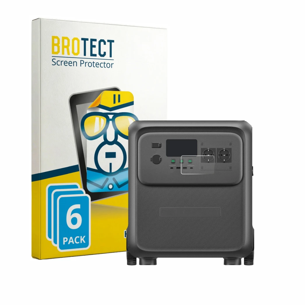 Front side of a product packaging with the brand logo BROTECT. Next to it is the device Bluetti Elite 400 shown with the corre
