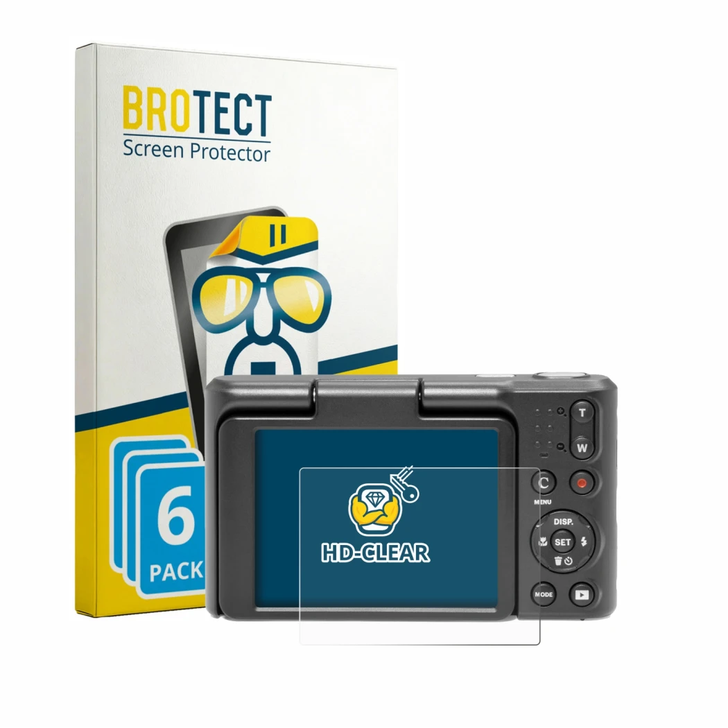 Front side of a product packaging with the brand logo BROTECT. Next to it is the device Kodak Pixpro C1 shown with the corresp