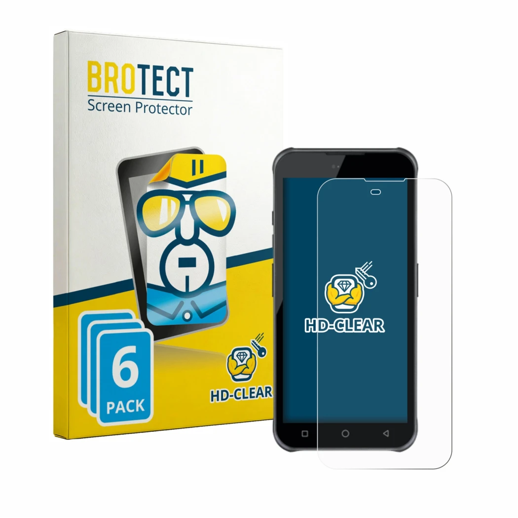 Front side of a product packaging with the brand logo BROTECT. Next to it is the device Bluebird VF550 shown with the correspo