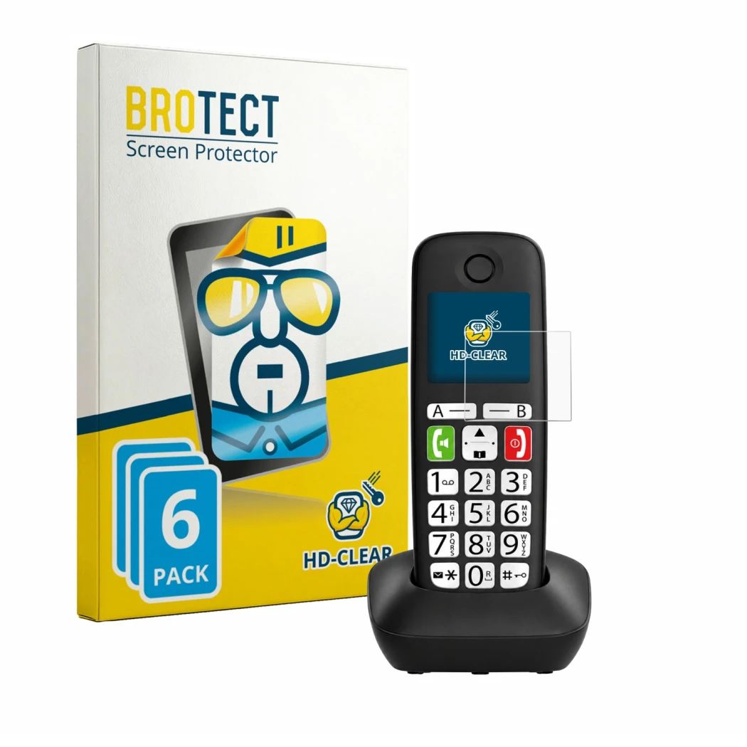 Front side of a product packaging with the brand logo BROTECT. Next to it is the device Gigaset DL780 Plus shown with the corr