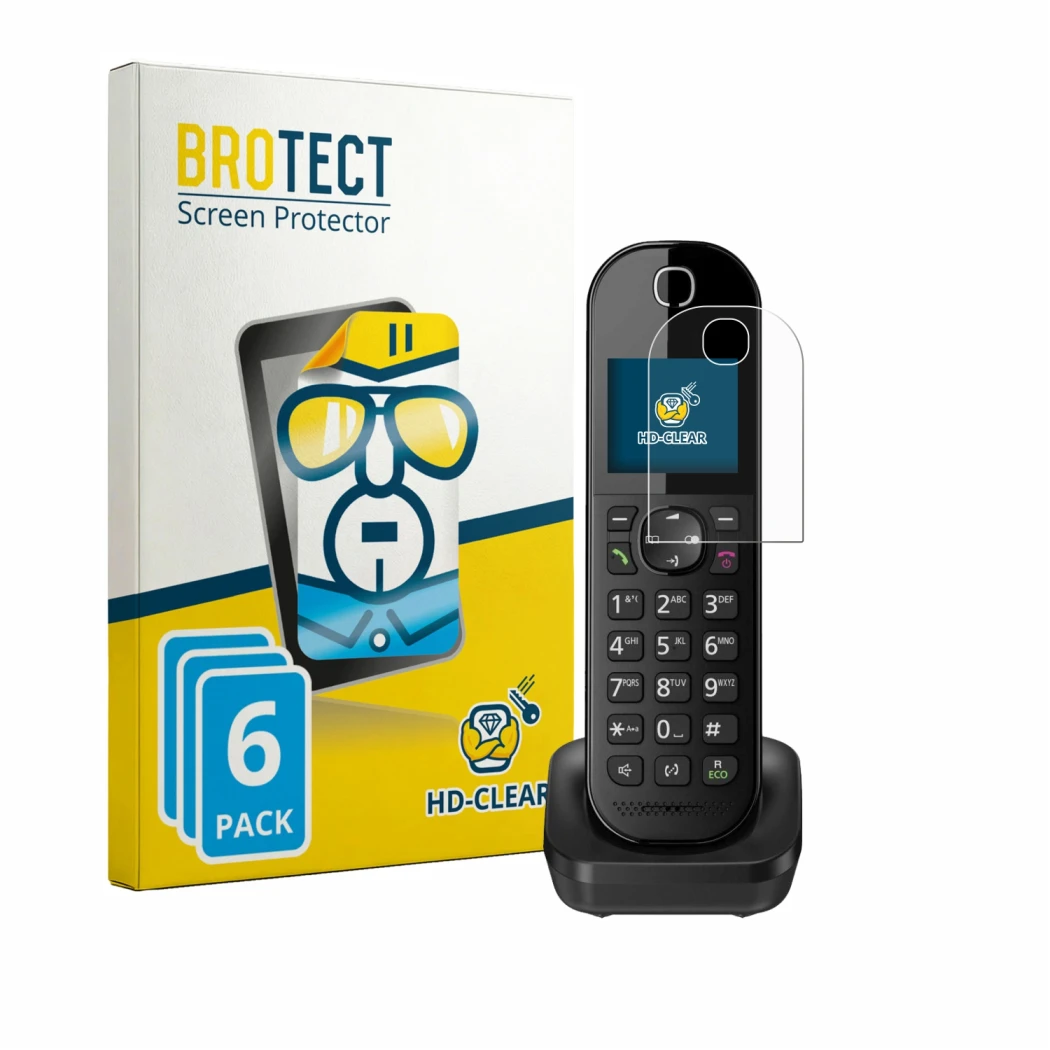 Front side of a product packaging with the brand logo BROTECT. Next to it is the device Panasonic KX-TGC463 shown with the cor