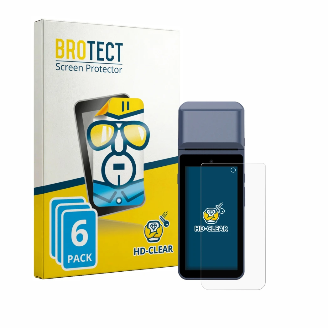 Front side of a product packaging with the brand logo BROTECT. Next to it is the device Pax M9200 shown with the corresponding