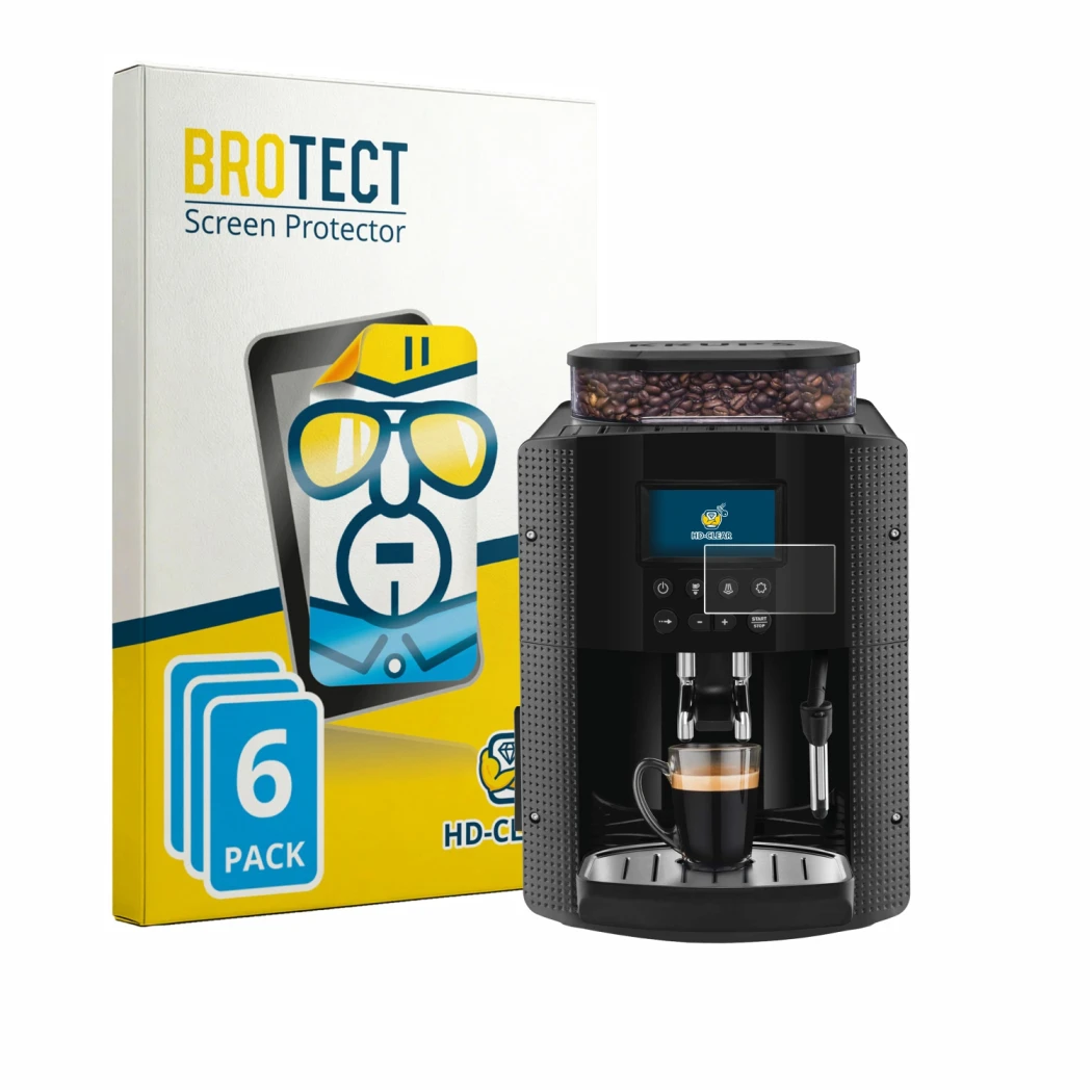 Front side of a product packaging with the brand logo BROTECT. Next to it is the device Krups Essential YY8135FD shown with th
