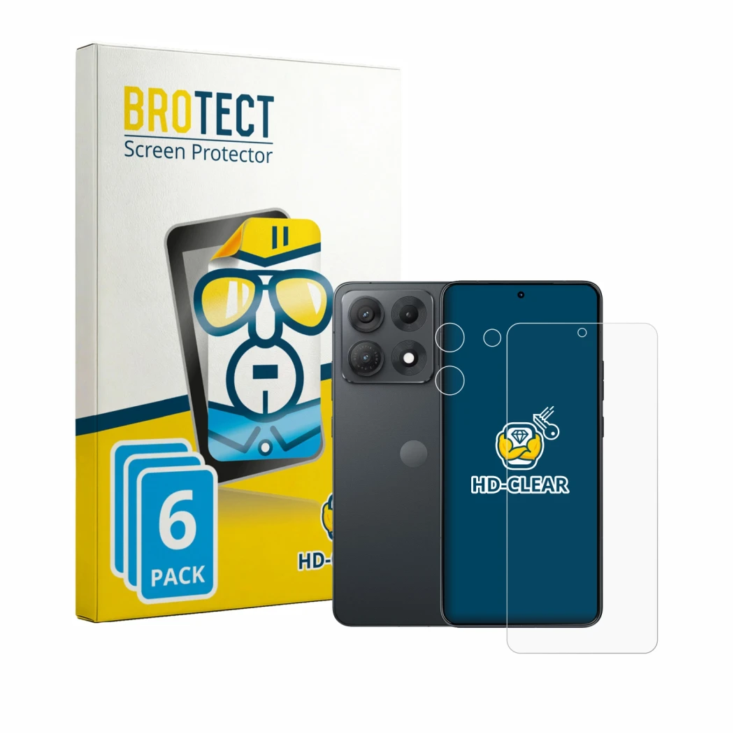 Front side of a product packaging with the brand logo BROTECT. Next to it is the device Motorola Edge 70 Max (Front+Camera) sh