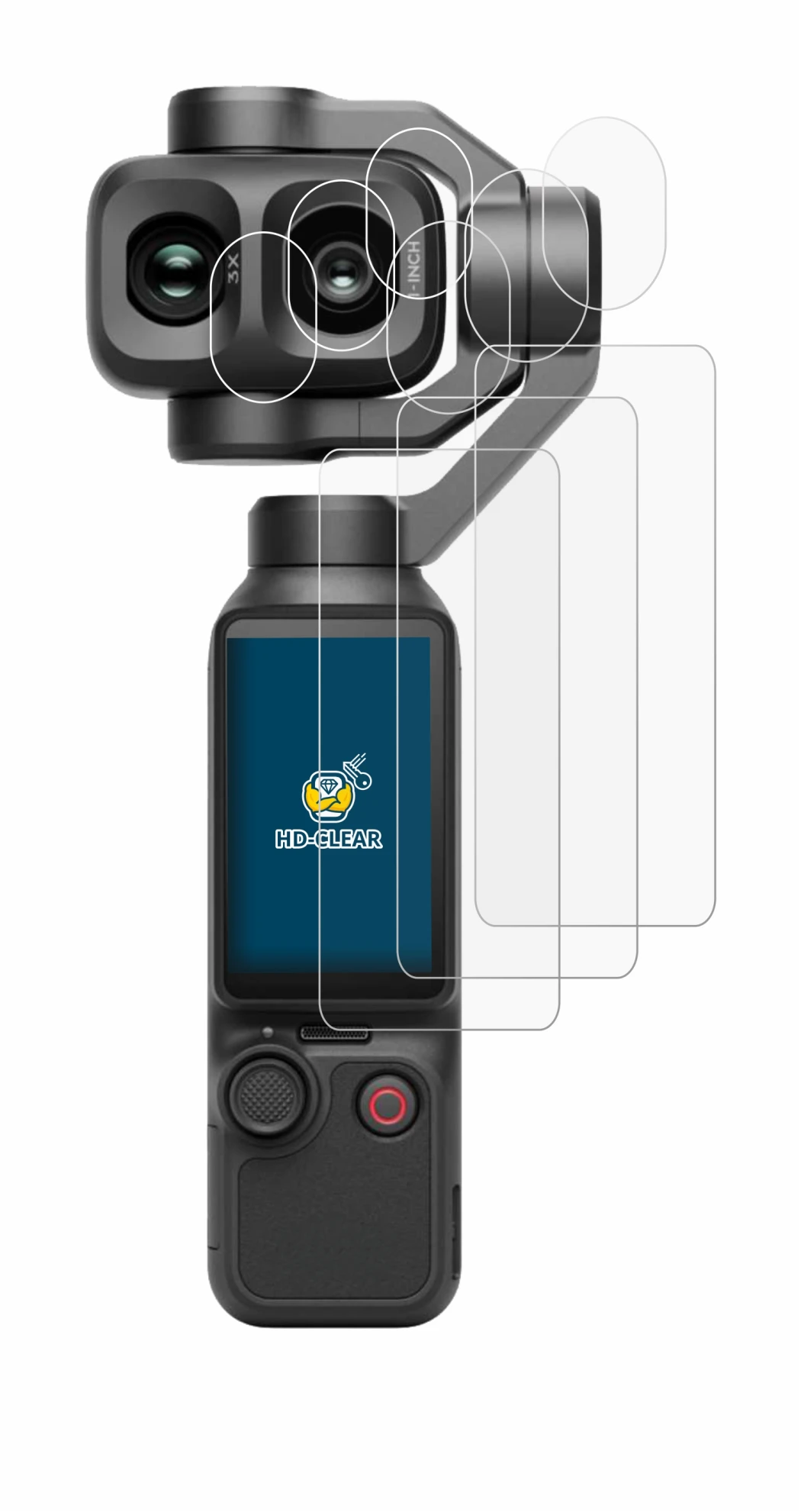 Image of the device DJI Osmo Pocket 4P (Display + Lens) with a wide variety of screen protectors.