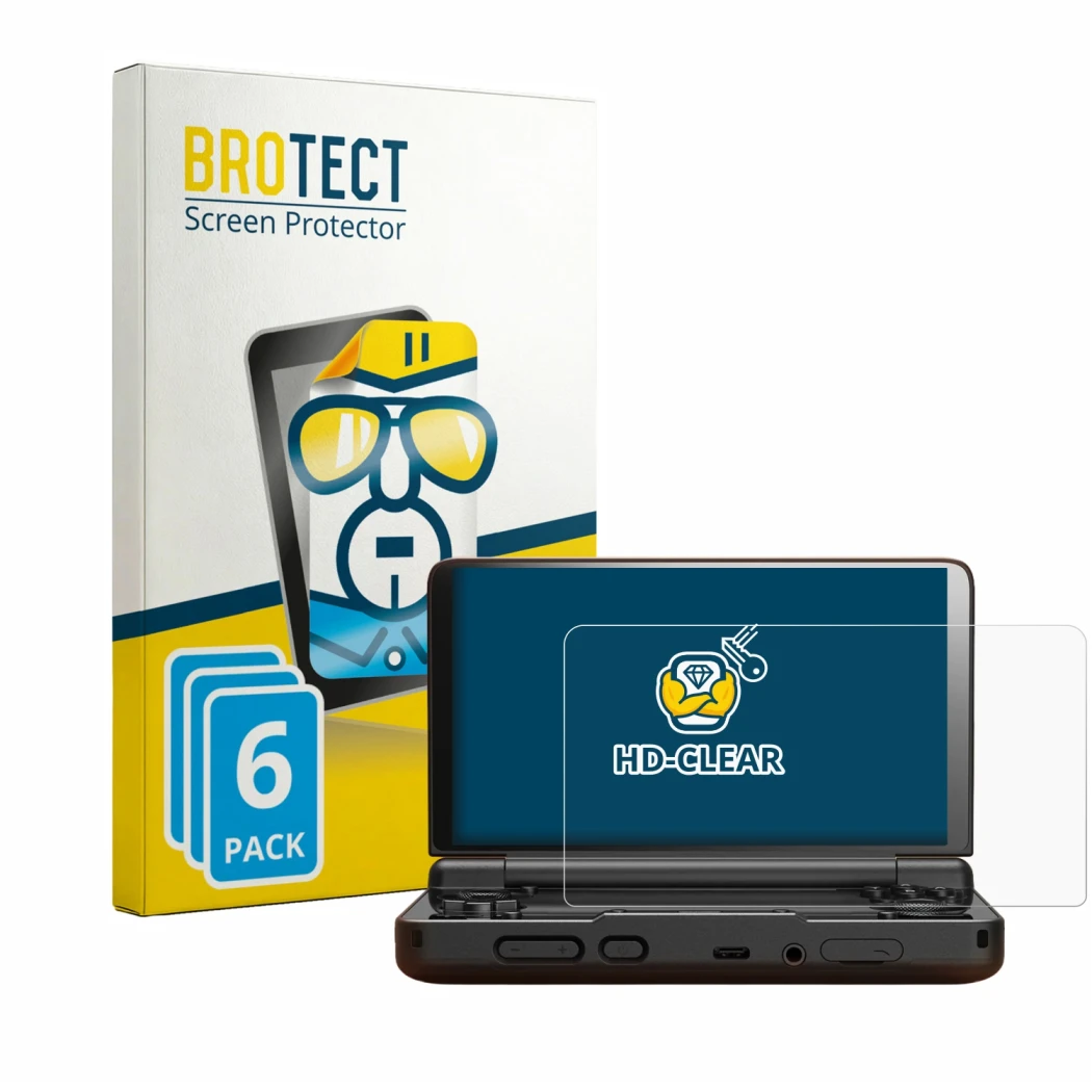 Front side of a product packaging with the brand logo BROTECT. Next to it is the device AYN Thor shown with the corresponding 