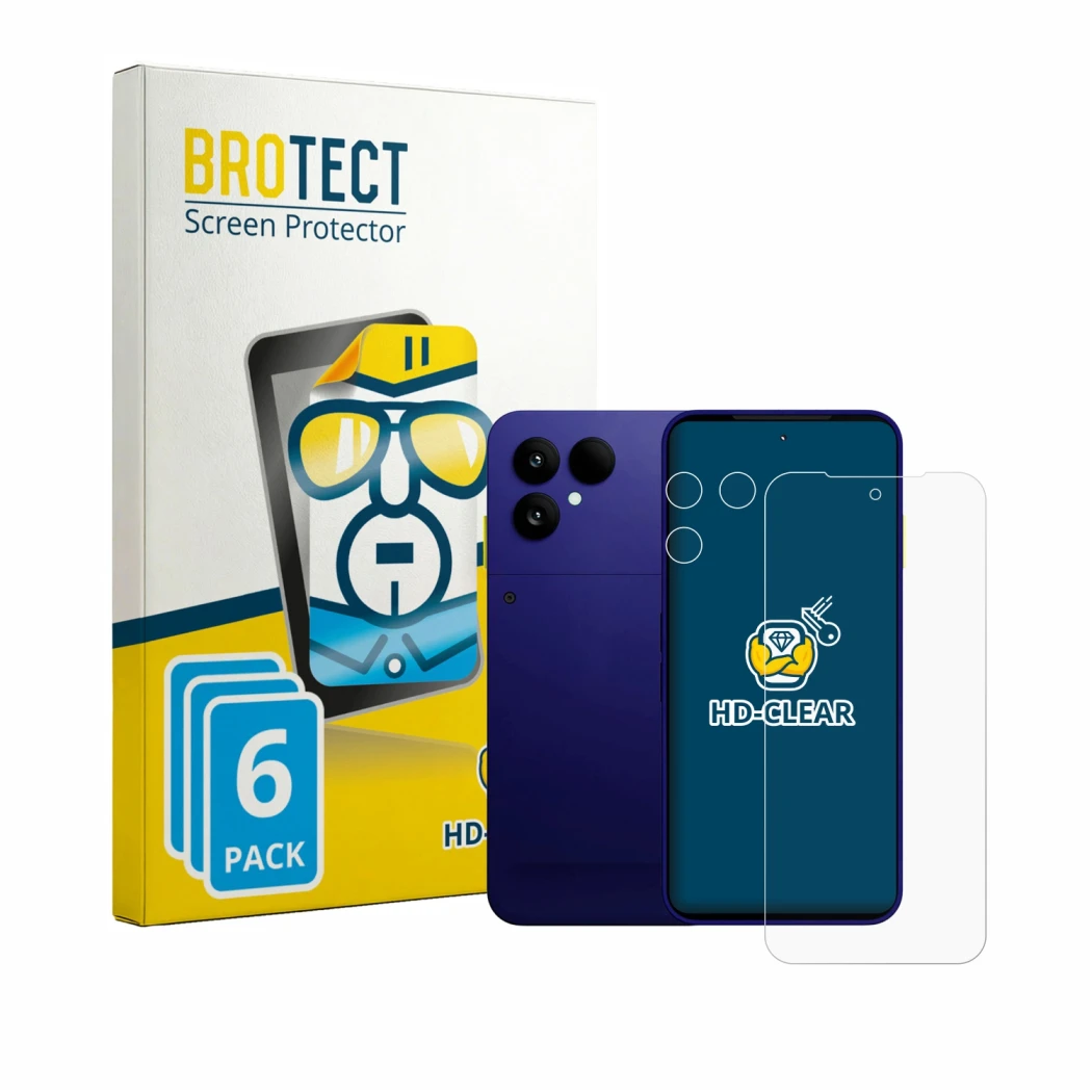 Front side of a product packaging with the brand logo BROTECT. Next to it is the device Fairphone 6 Plus (Front+Camera) shown