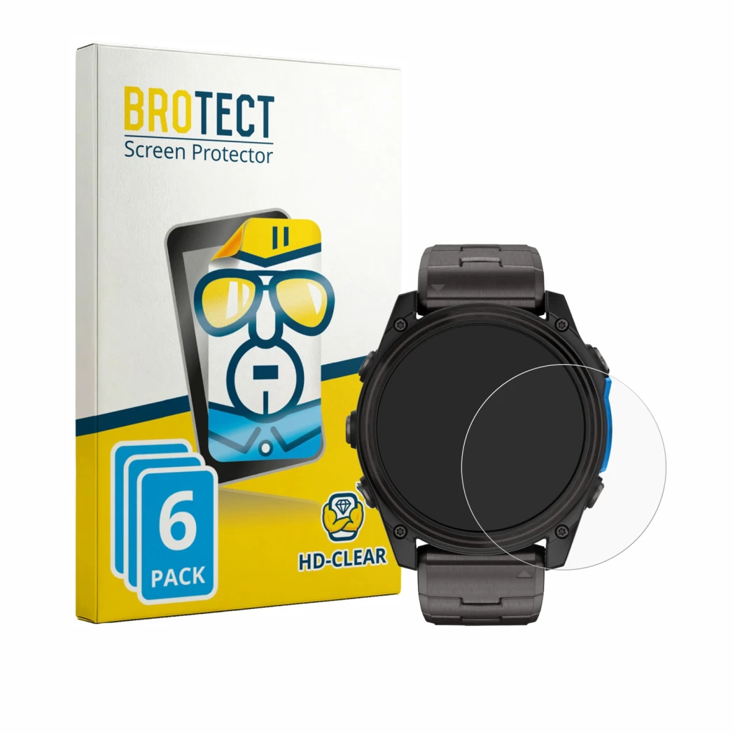 Front side of a product packaging with the brand logo BROTECT. Next to it is the device Garmin D2 Mach 2 (51 mm) shown with th