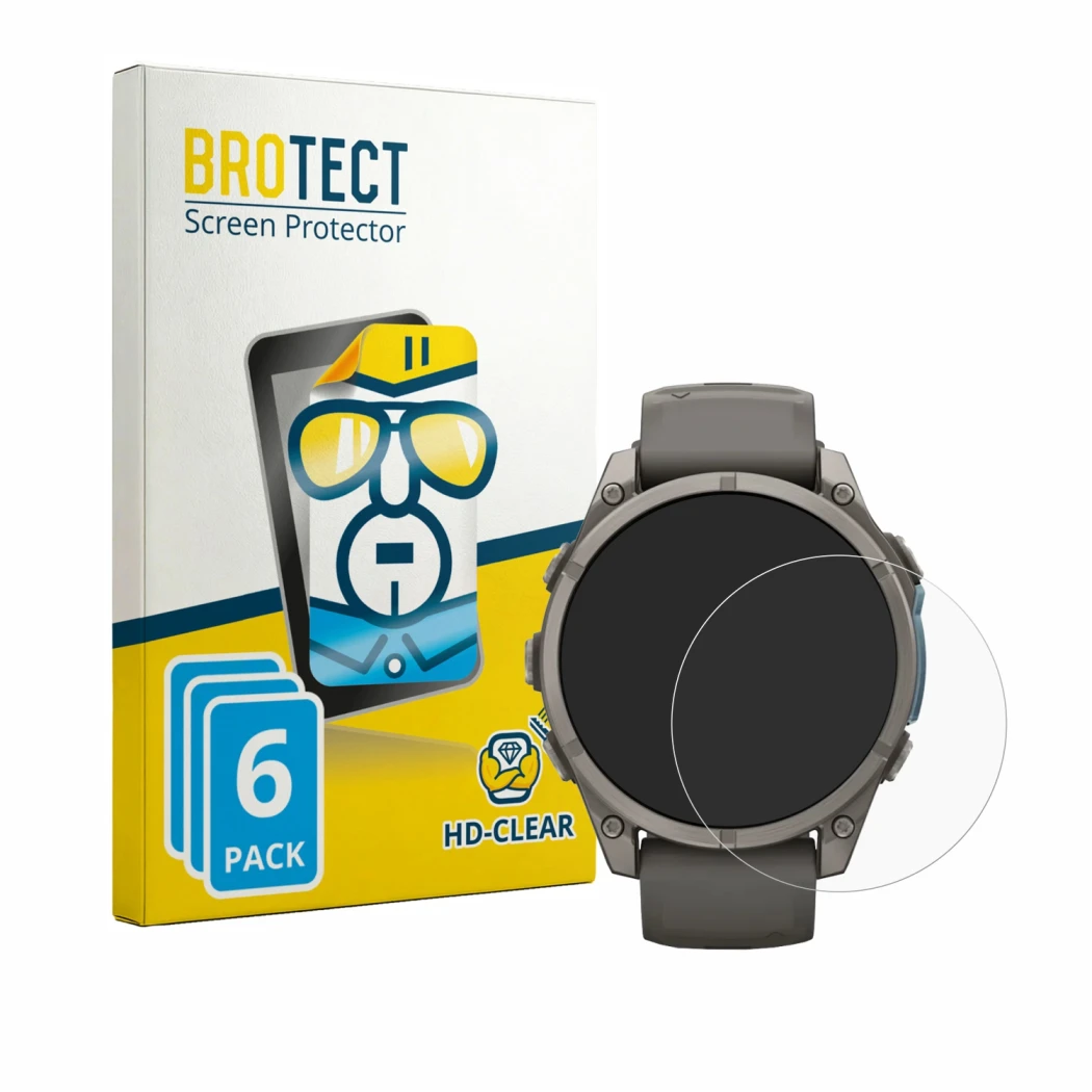 Front side of a product packaging with the brand logo BROTECT. Next to it is the device Garmin Fenix 9 (47 mm) shown with the