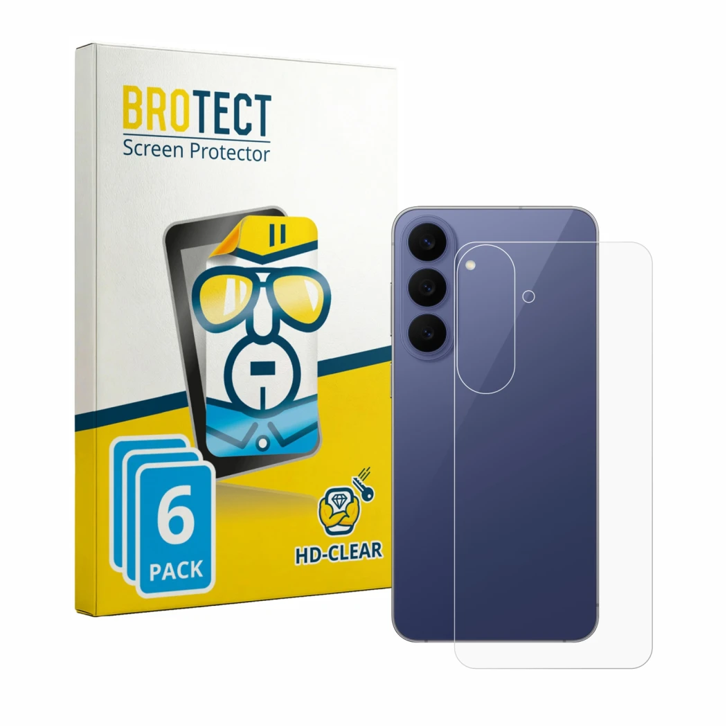 Front side of a product packaging with the brand logo BROTECT. Next to it is the device Samsung Galaxy S26 FE (Back) shown wit