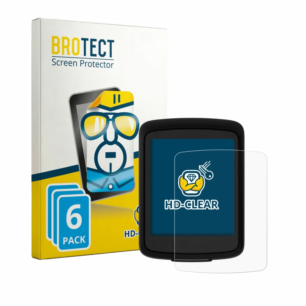 Front side of a product packaging with the brand logo BROTECT. Next to it is the device Bryton Rider E10 shown with the corres
