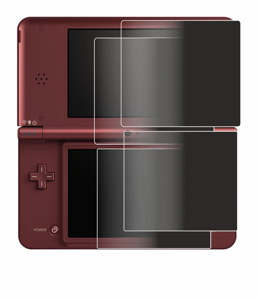 Image of the device Nintendo DSi XL with a wide variety of screen protectors.