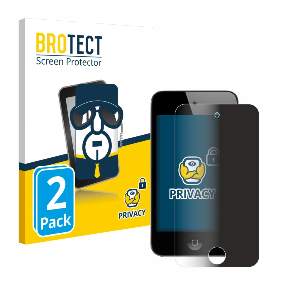 Front side of a product packaging with the brand logo BROTECT. Next to it is the device Apple iPod Touch (4th Gen.) shown with