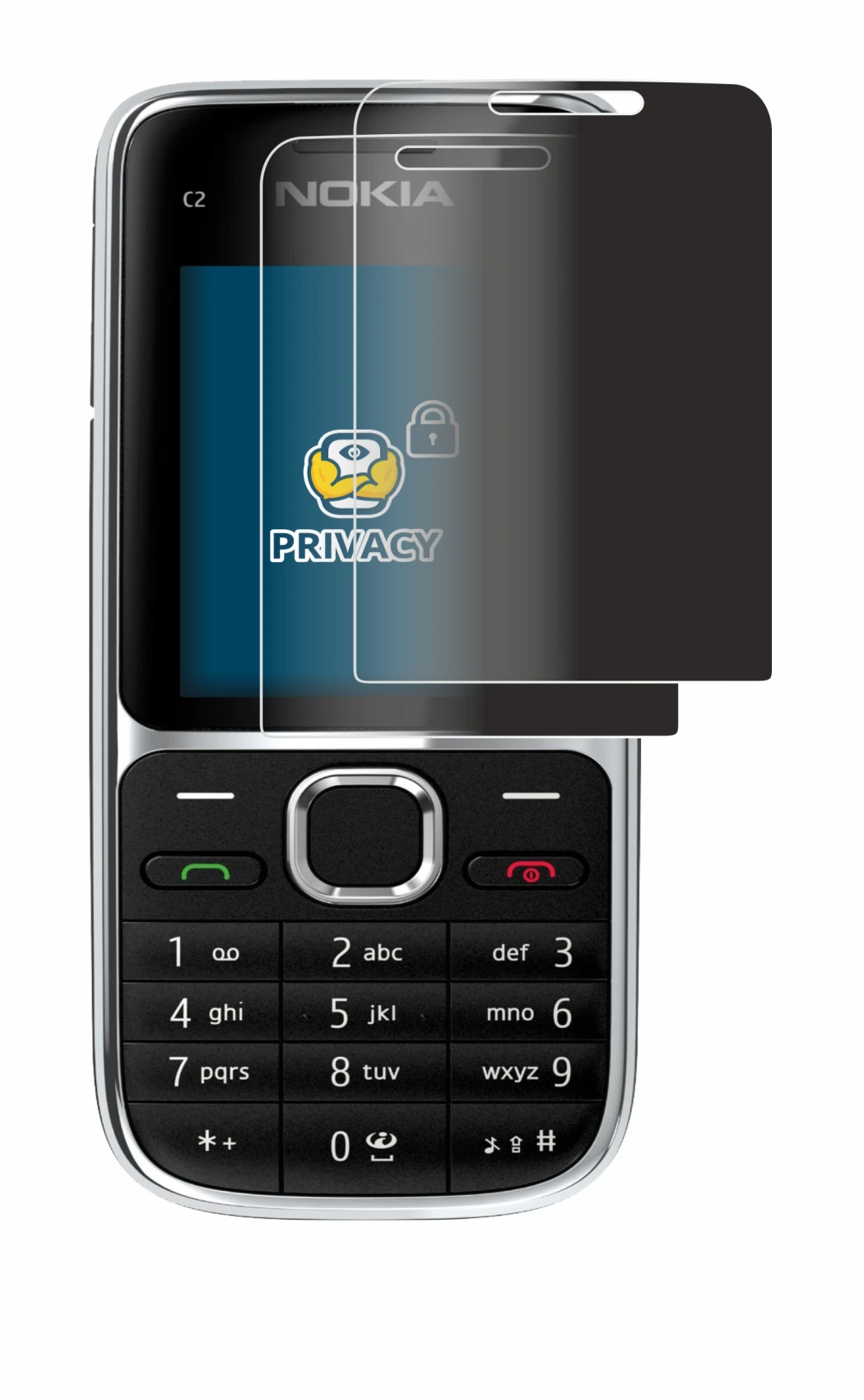 Image of the device Nokia C2-01 with a wide variety of screen protectors.