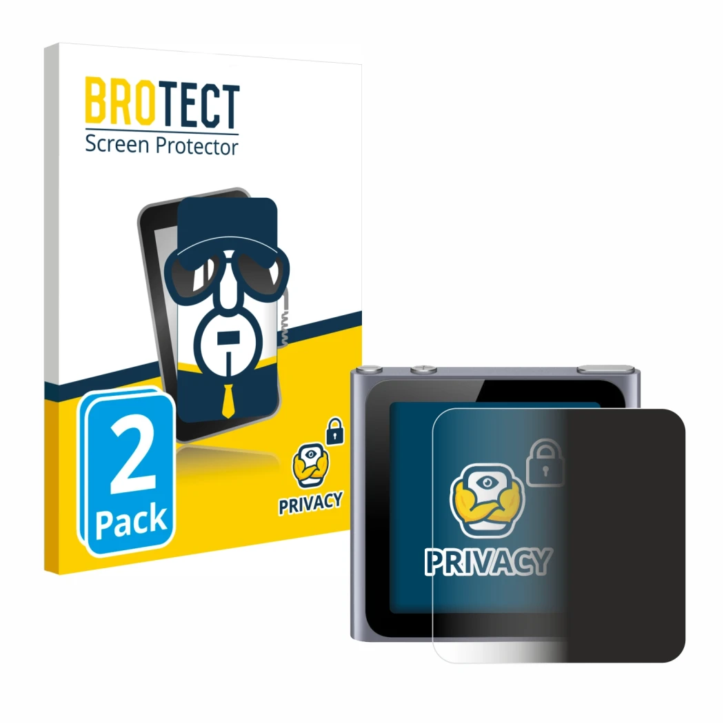 Front side of a product packaging with the brand logo BROTECT. Next to it is the device Apple iPod nano 2011 (6th. Gen.) shown