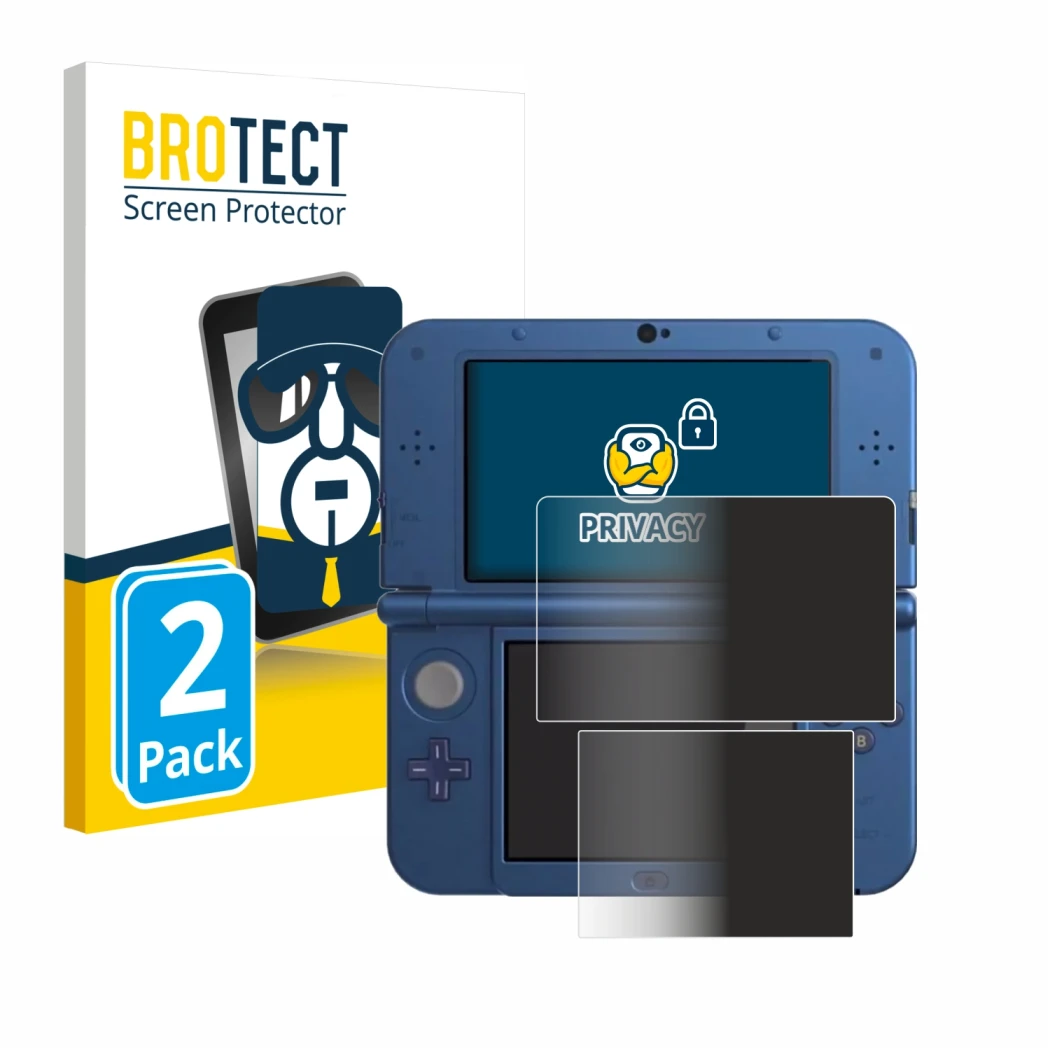 Front side of a product packaging with the brand logo BROTECT. Next to it is the device Nintendo New 3DS XL shown with the cor