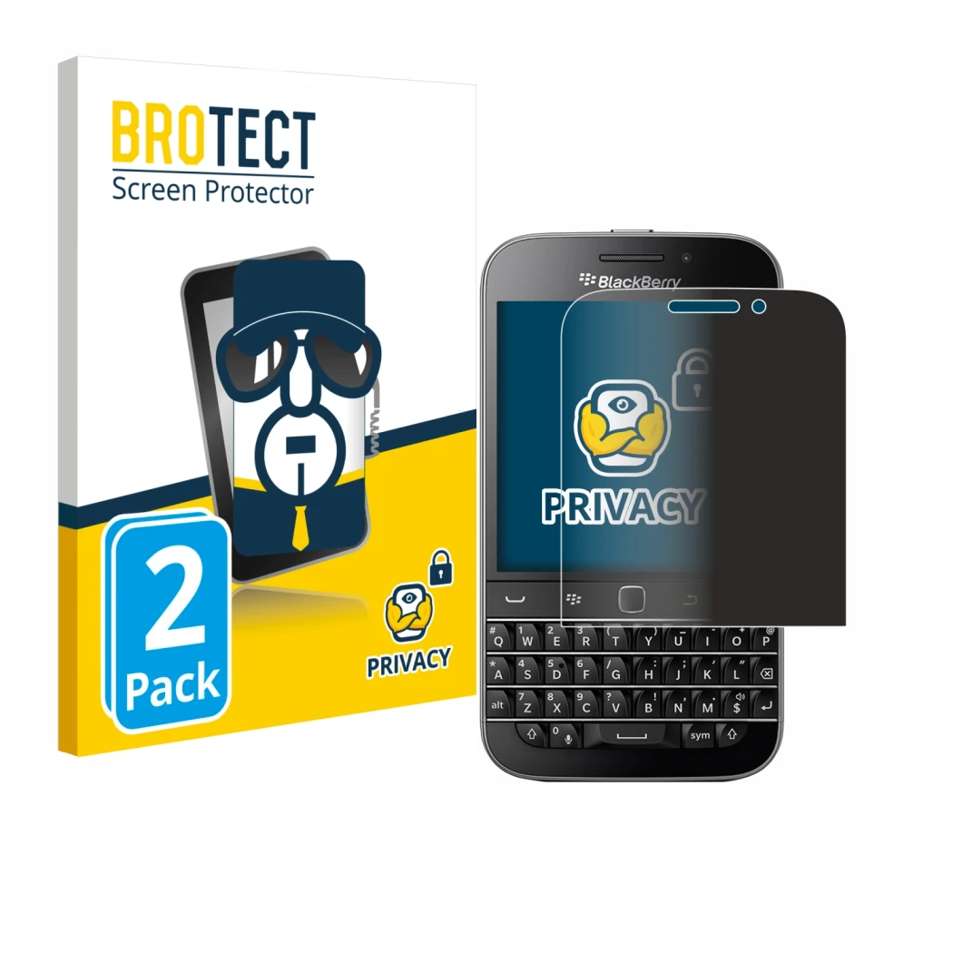 Front side of a product packaging with the brand logo BROTECT. Next to it is the device Blackberry Classic Q20 shown with the 