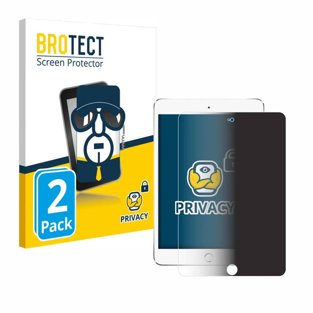 Front side of a product packaging with the brand logo BROTECT. Next to it is the device Apple iPad Mini 4 2015 shown with the 