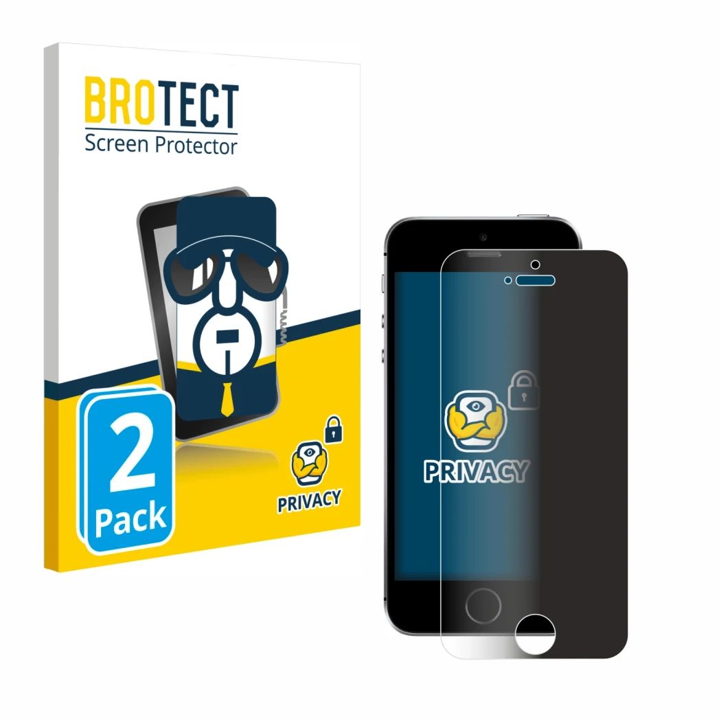Front side of a product packaging with the brand logo BROTECT. Next to it is the device Apple iPhone SE 2016 shown with the co