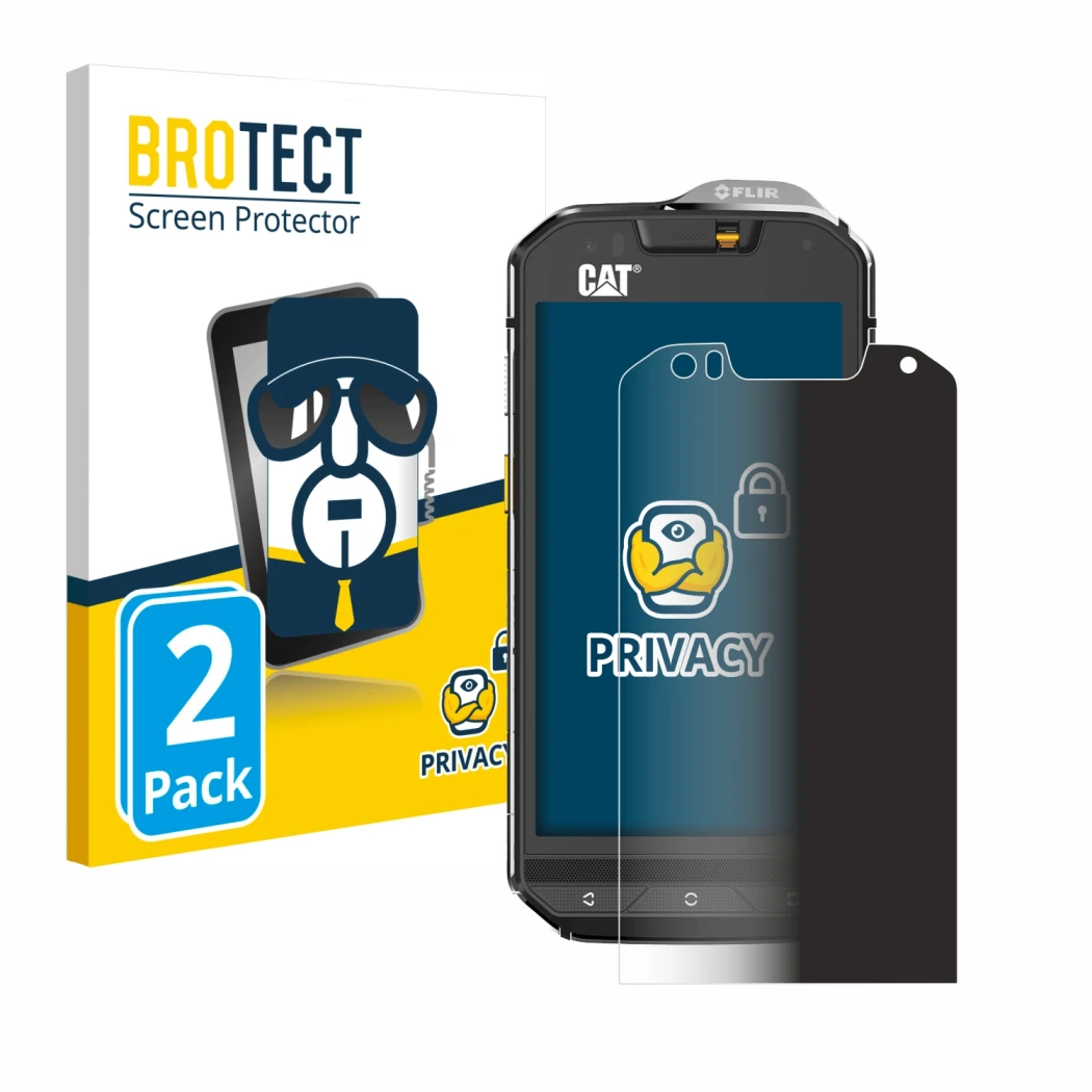Front side of a product packaging with the brand logo BROTECT. Next to it is the device Caterpillar Cat S60 shown with the cor