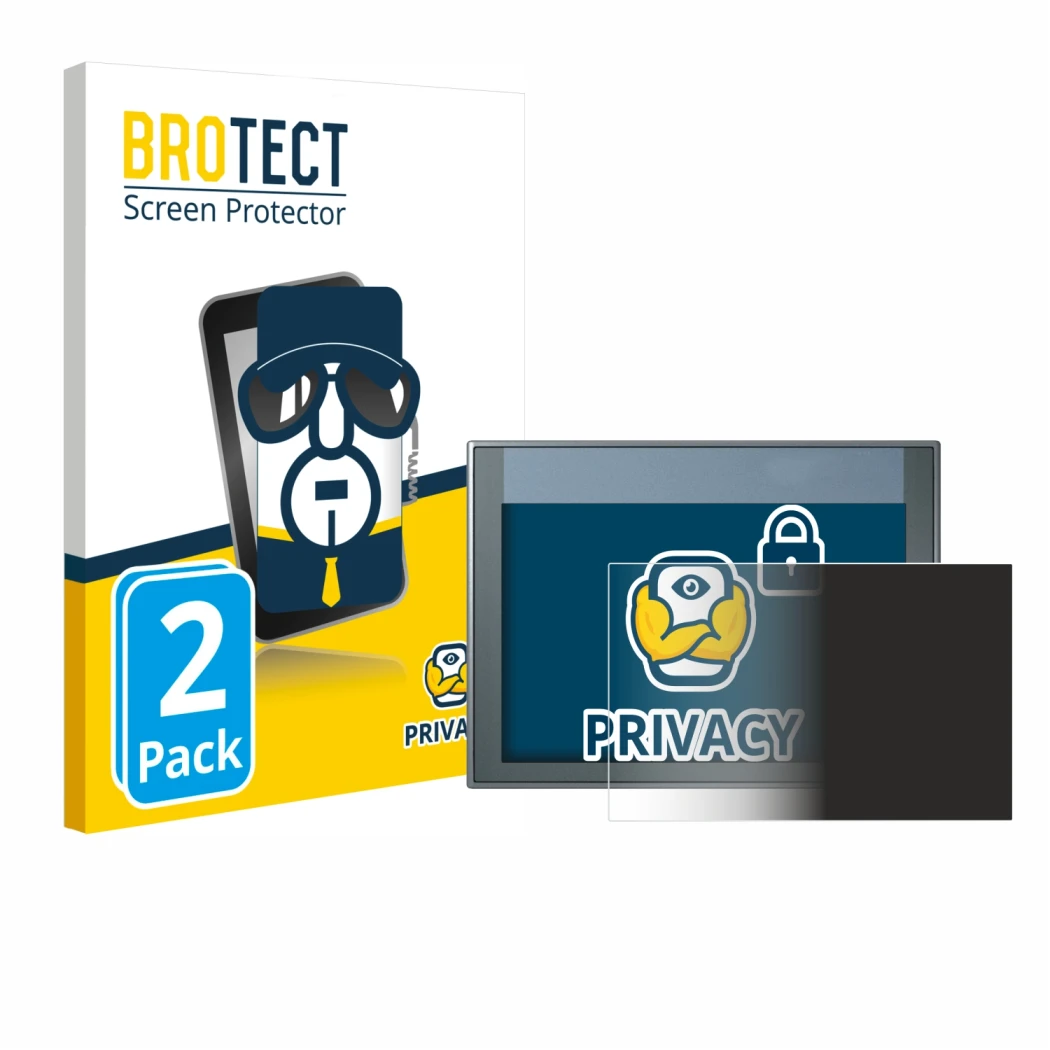 Front side of a product packaging with the brand logo BROTECT. Next to it is the device Siemens Simatic HMI KTP 700 Basic show