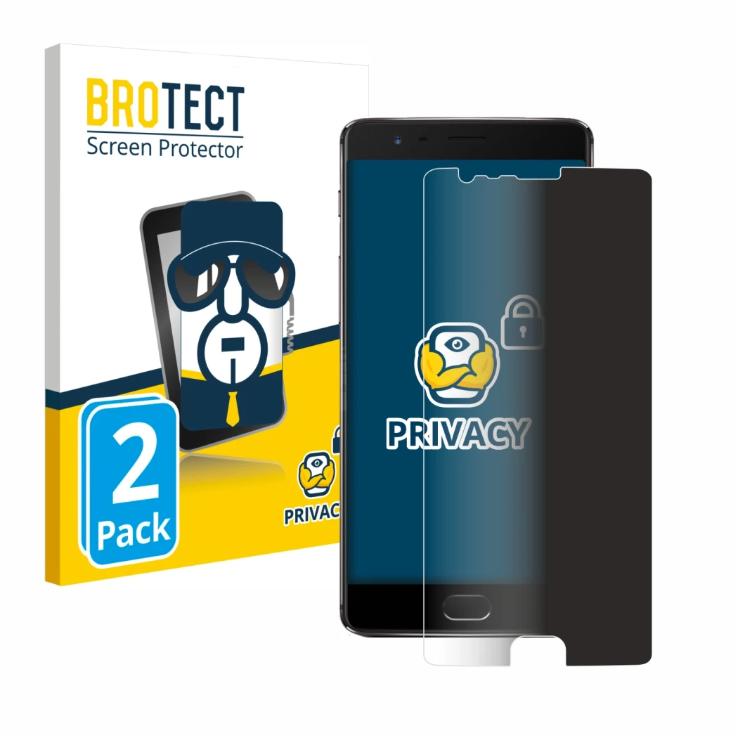 Front side of a product packaging with the brand logo BROTECT. Next to it is the device OnePlus 3T shown with the correspondin