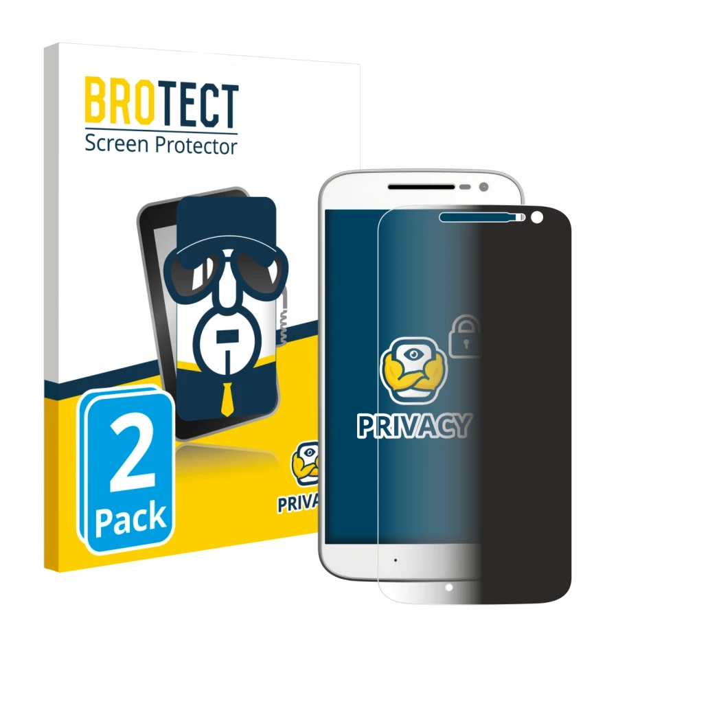 Front side of a product packaging with the brand logo BROTECT. Next to it is the device Lenovo Moto G4 shown with the correspo