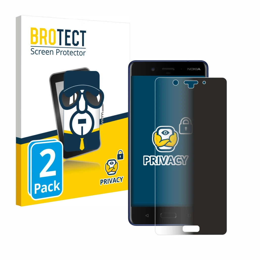 Front side of a product packaging with the brand logo BROTECT. Next to it is the device Nokia 8 shown with the corresponding s