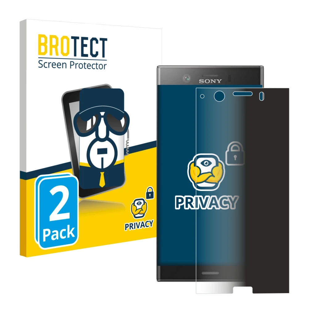 Front side of a product packaging with the brand logo BROTECT. Next to it is the device Sony Xperia XZ1 Compact shown with the