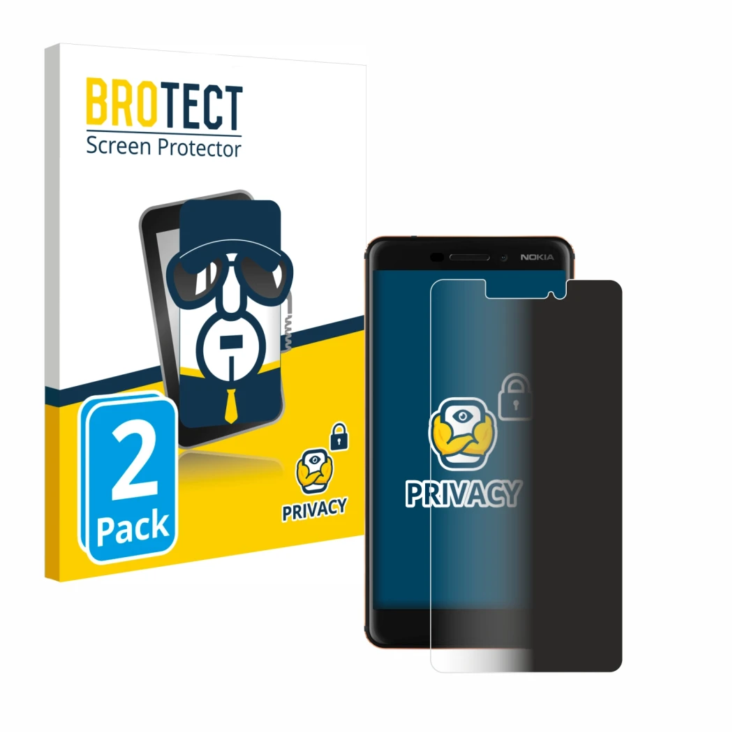 Front side of a product packaging with the brand logo BROTECT. Next to it is the device Nokia 6.1 shown with the corresponding