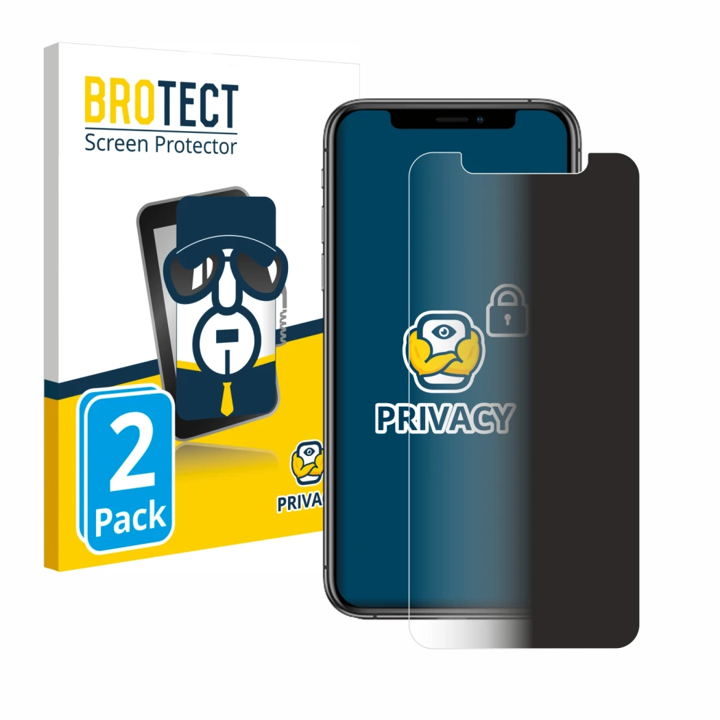 Front side of a product packaging with the brand logo BROTECT. Next to it is the device Apple iPhone Xs shown with the corresp