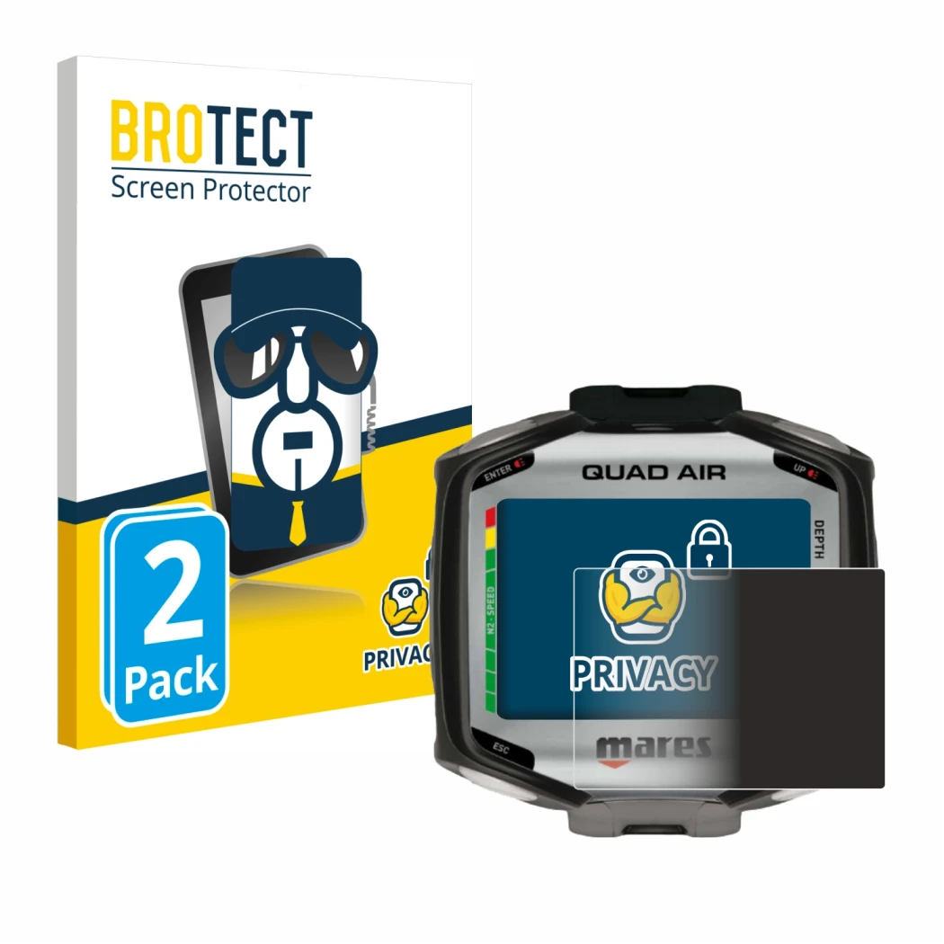 Front side of a product packaging with the brand logo BROTECT. Next to it is the device Mares Quad Air shown with the correspo