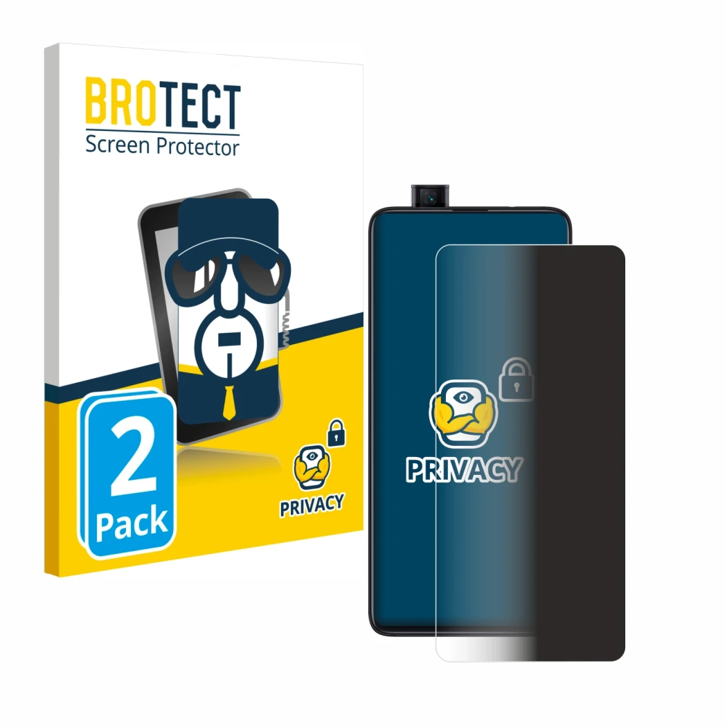 Front side of a product packaging with the brand logo BROTECT. Next to it is the device Xiaomi Mi 9T Pro shown with the corres