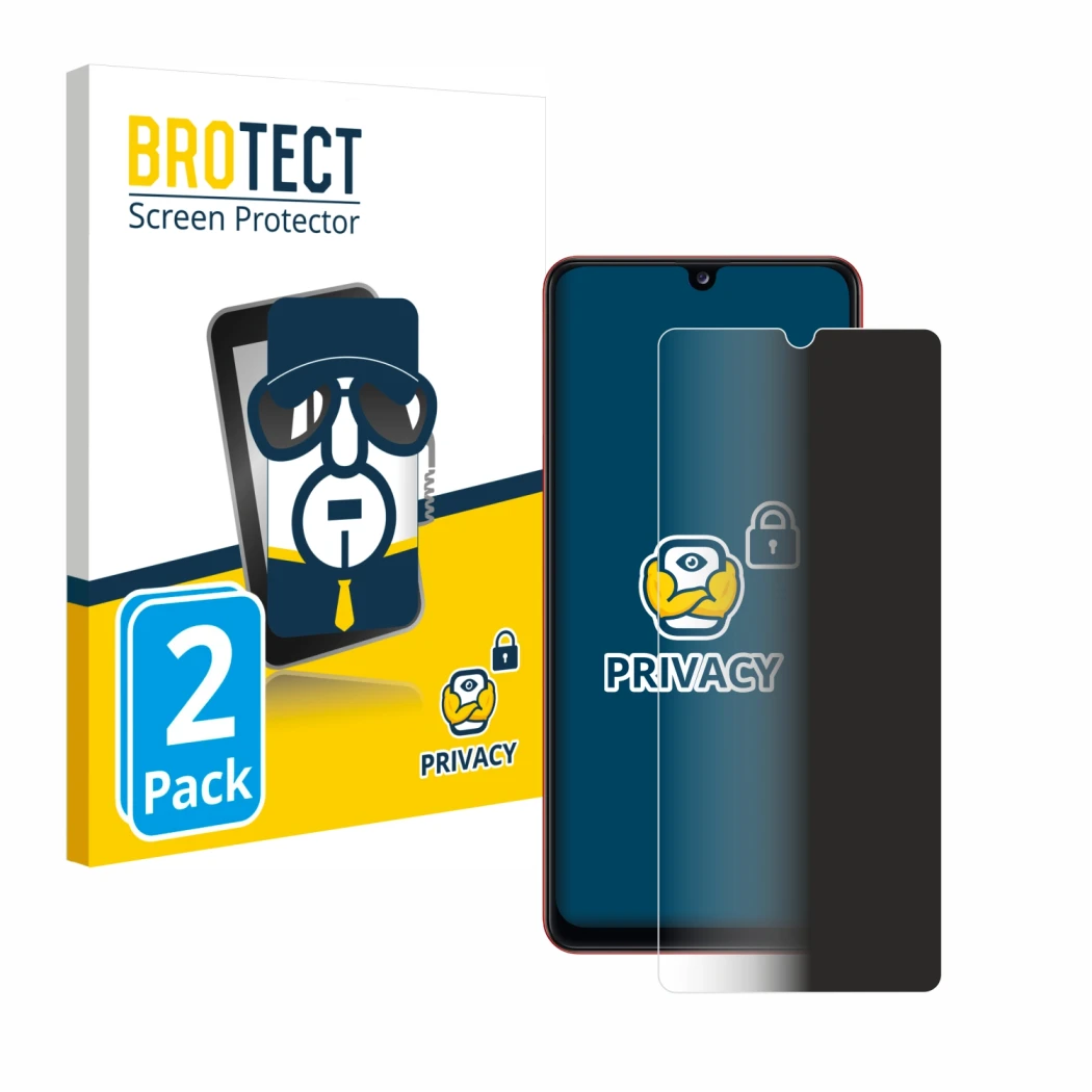 Front side of a product packaging with the brand logo BROTECT. Next to it is the device Samsung Galaxy A31 shown with the corr