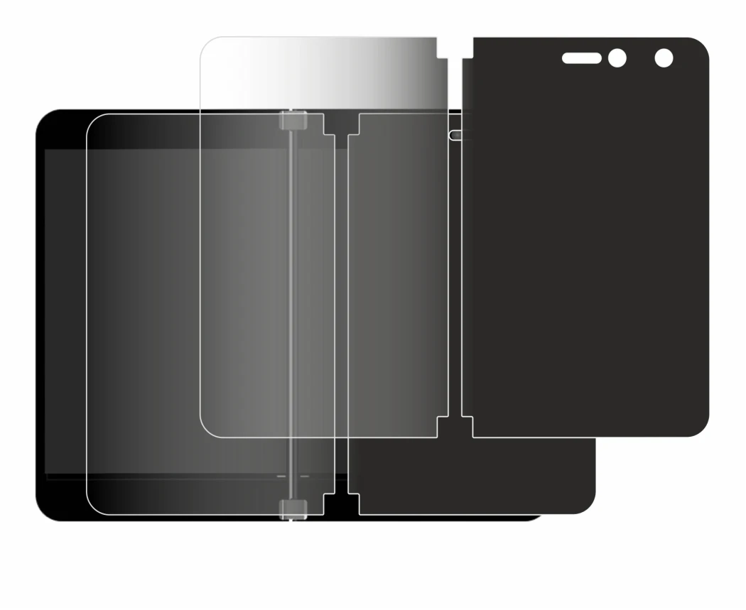 Image of the device Microsoft Surface Duo with a wide variety of screen protectors.