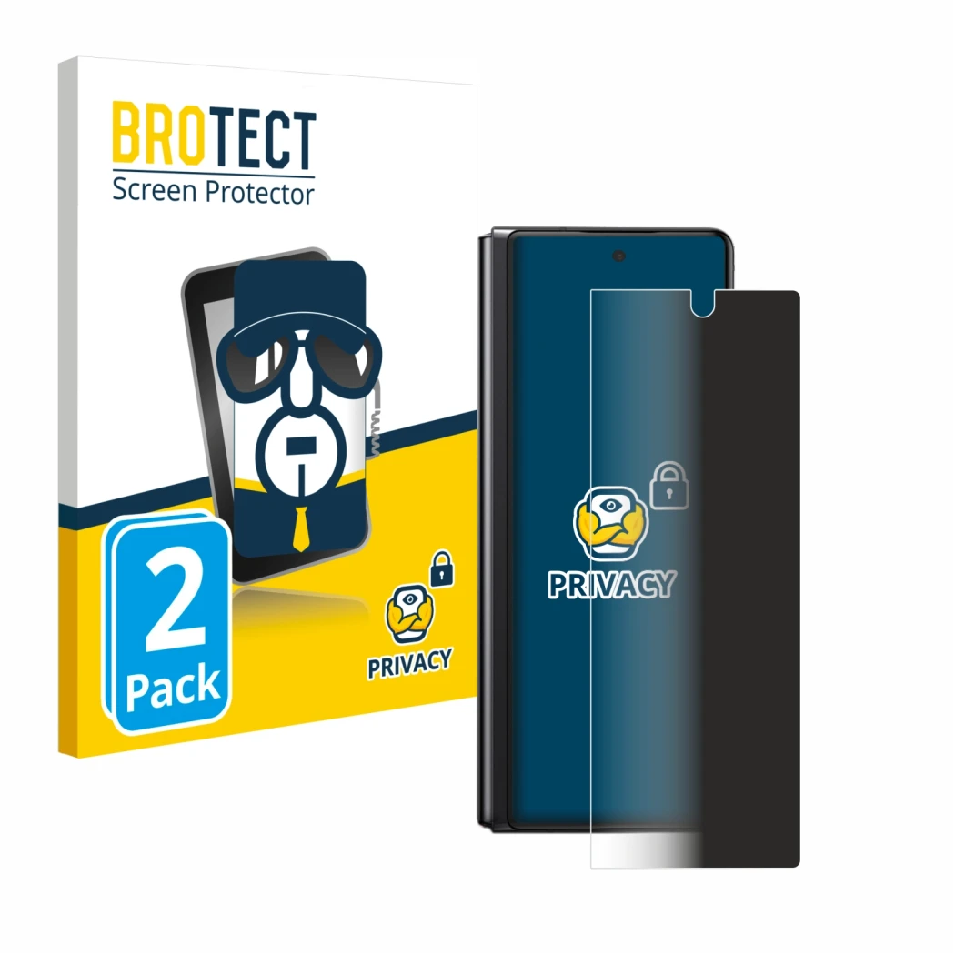 Front side of a product packaging with the brand logo BROTECT. Next to it is the device Samsung Galaxy Z Fold 2 5G shown with 