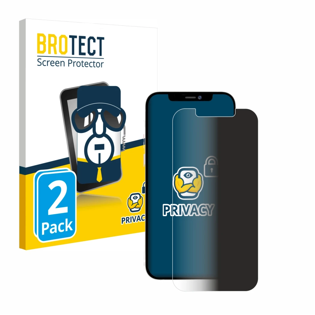 Front side of a product packaging with the brand logo BROTECT. Next to it is the device Apple iPhone 12 Pro Max shown with the