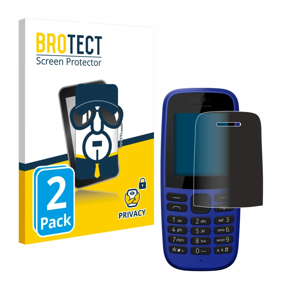 Front side of a product packaging with the brand logo BROTECT. Next to it is the device Nokia 105 DS 2019 shown with the corre